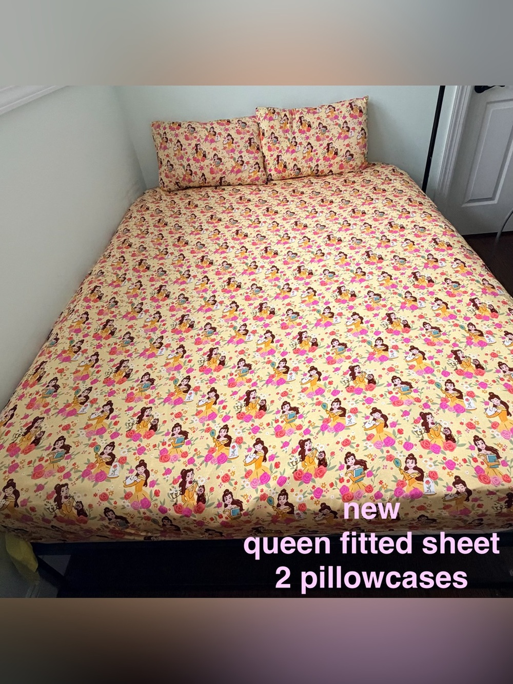 LS Disney princess belle Bamboo Custom Queen Bed fitted Sheet with 2 pillowcases